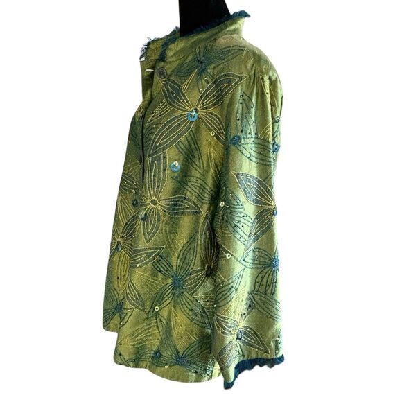 Anage Jacket Button Up 100% Silk Green Embroidered Beaded Flower Art - Picture 4 of 9